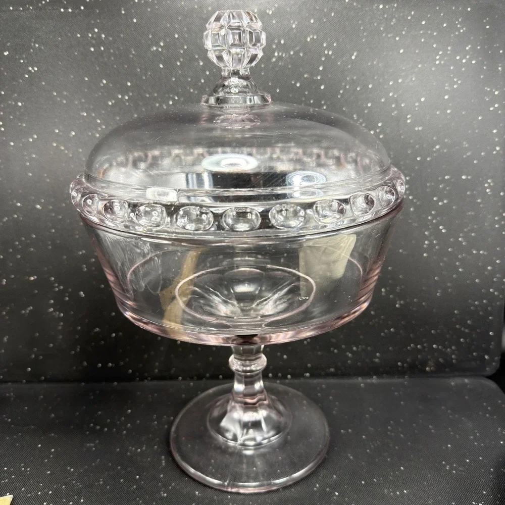 George Ripley Dakota Pattern Glass Pedestal Compote Lilac Tint Lid 11.5in Clear